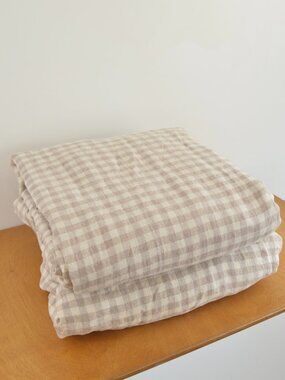 piglet in bed mushroom gingham linen Flat and fitted sheet 100% linen